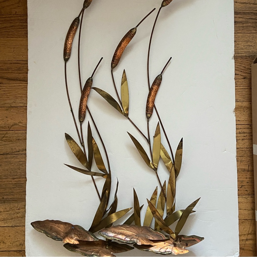 2 VTG Brutalist MCM Copper/Brass Wall Hanging Cattails and Lily Pad H- 29"